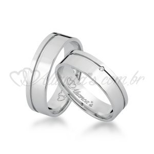 Par de alianas com brilhante em ouro branco 18k - Acabamento liso, semi anatmi