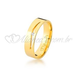 Aliana com brilhante de noivado e casamento em ouro amarelo 18k - 750