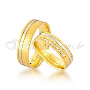 Par de alianas com brilhantes em ouro amarelo e branco 18k - 750