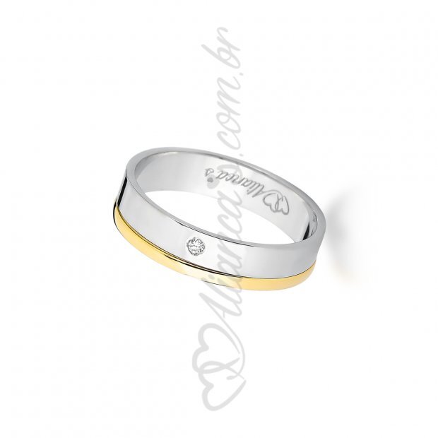 Par de alianas com brilhante em ouro branco com amarelo 18k - 750