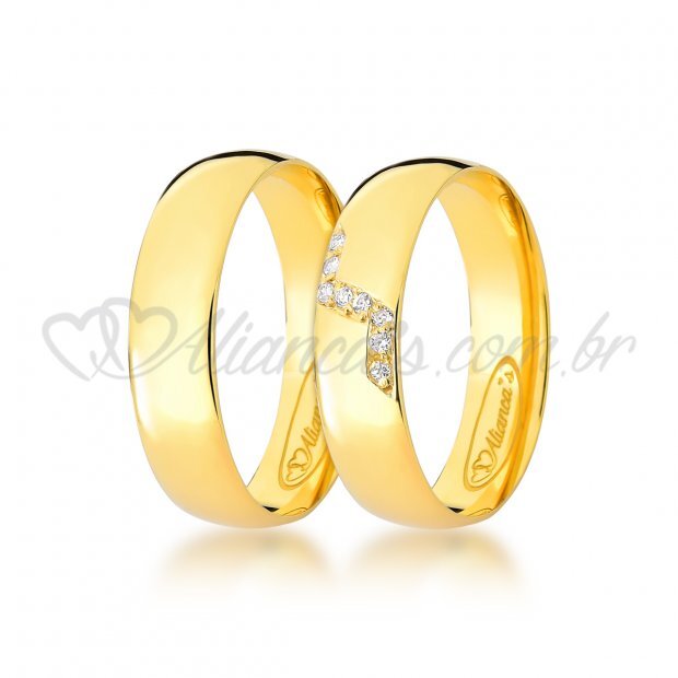 Par de alianas com brilhante de casamento e noivado em ouro 18k - 750