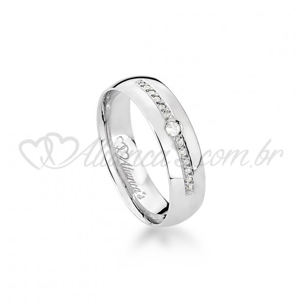 Aliana de noivado e casamento com brilhantes em ouro branco 18k - 750