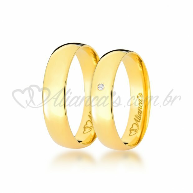 Par de alianas com brilhante para casamento em ouro 18k - 750