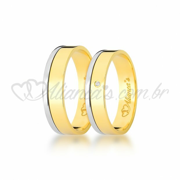 Par de alianas com brilhante em ouro amarelo e branco 18k - 750