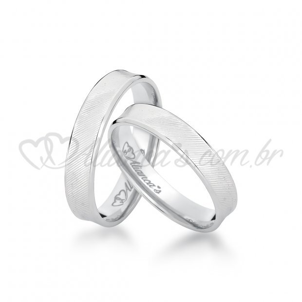 Par de alianas de casamento em ouro branco 18k - Acabamento cncavo e diamantado