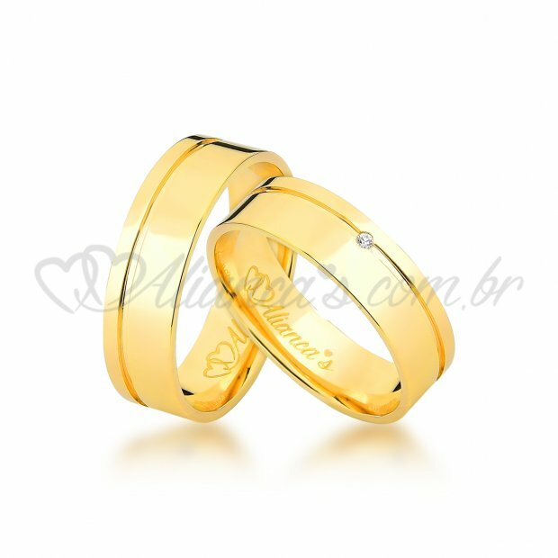 Par de alianas com brilhante em ouro 18k - Perfeitas para casamento
