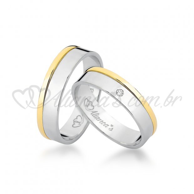 Par de alianas com brilhante em ouro branco com amarelo 18k - 750