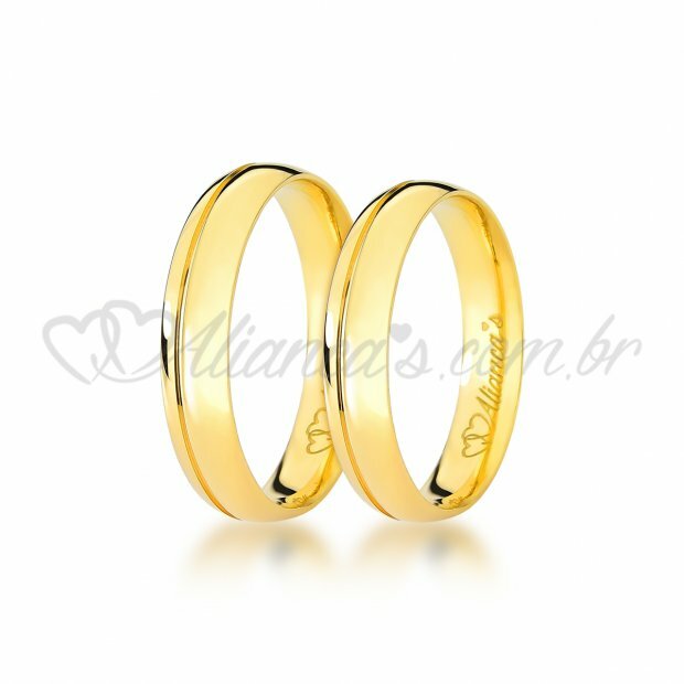 Par de alianas para casamento e noivado em ouro 18k - Acabamento abaulado e liso