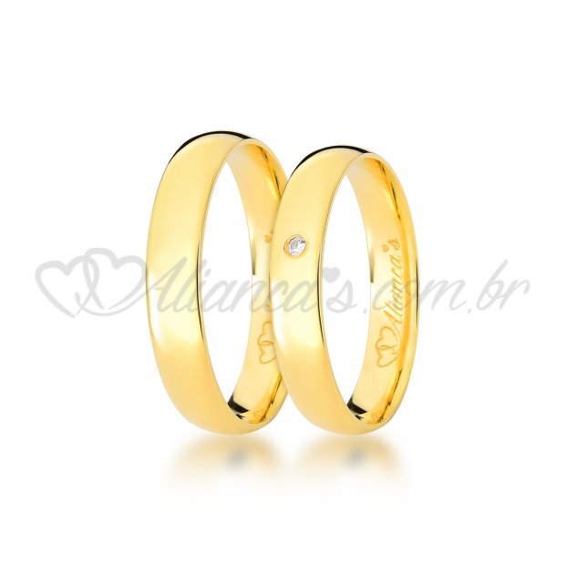Alianas com brilhante em ouro amarelo 18k - Modelo tradicional ideal para casamento e noivado.