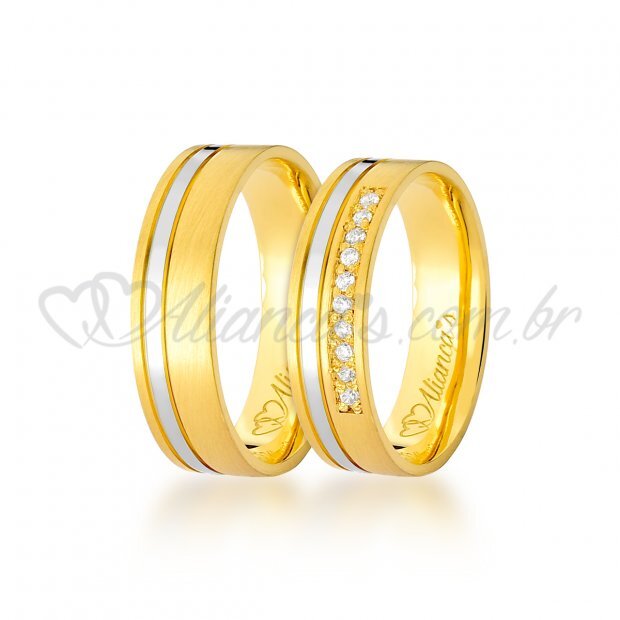 Par de alianas com brilhantes em ouro amarelo e branco 18k - 750