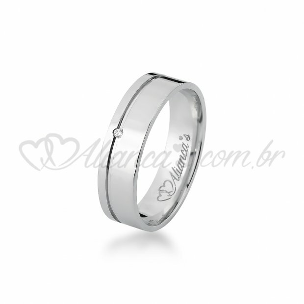Par de alianas com brilhante em ouro branco 18k - Acabamento liso, semi anatmi