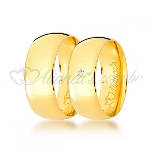 Par de alianas com brilhante em ouro amarelo 18k - perfeitas para casamento e noivado.