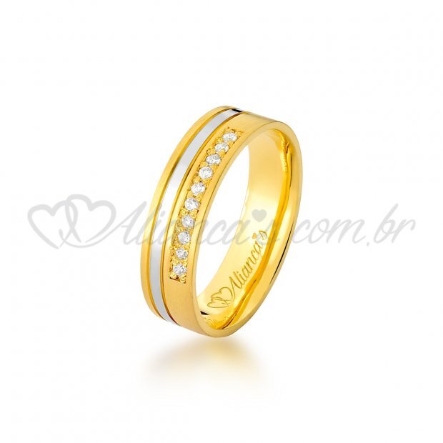 Aliana com brilhantes em ouro amarelo e branco 18k - 750