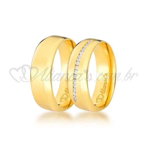 Par de alianças com brilhante de noivado e casamento em ouro 18k
