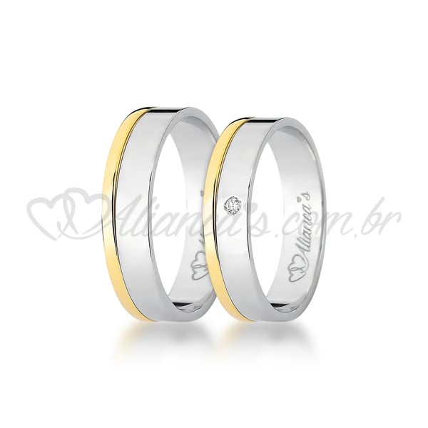 Par de alianças com brilhante em ouro branco com amarelo 18k - 750