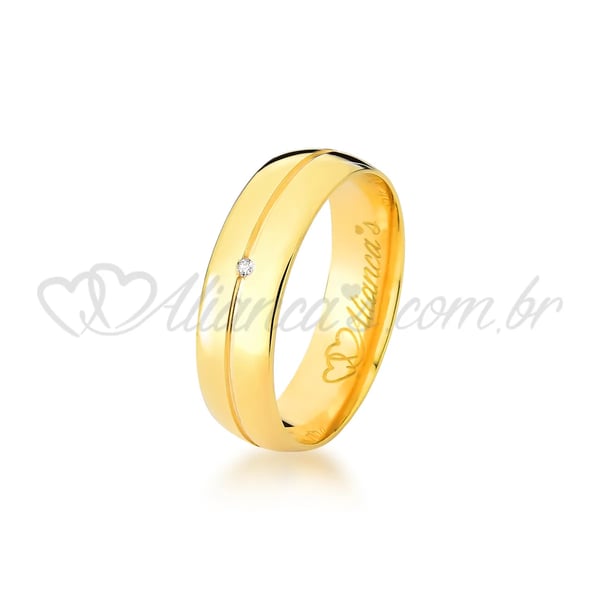 Aliança com brilhante de noivado e casamento em ouro amarelo 18k - 750