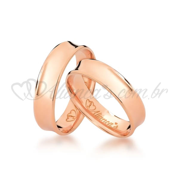 Par de alianças em ouro rose 18k - Acabamento côncavo e diamantado
