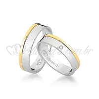 Par de alianças com brilhante em ouro branco com amarelo 18k - 750