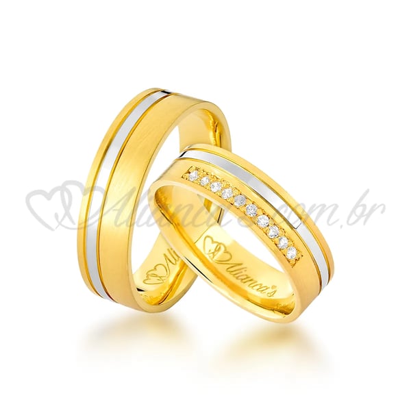 Par de alianças com brilhantes em ouro amarelo e branco 18k - 750
