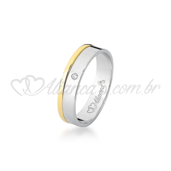 Aliança com brilhante de noivado e casamento em ouro branco e amarelo 18k - 750