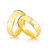 Par de alianças com brilhante de casamento e noivado em ouro 18k - 750